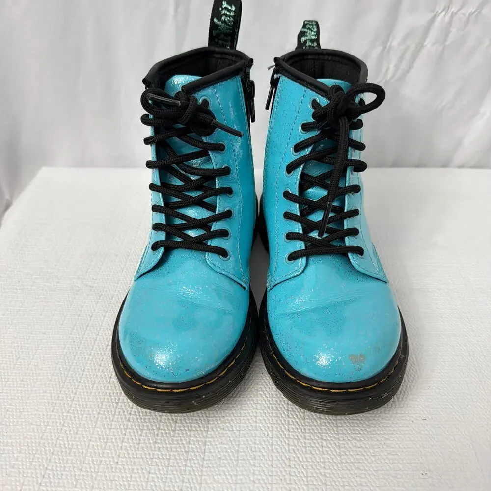 Dr Martens Boots Girls Size 2 Blue Sparkle 1460 J Side Zip Lace Up Youth